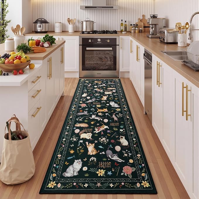 Unirea 2.6x8 Black Cat Runner Rug, Washable Non Slip Botanical Rug by UNIREA