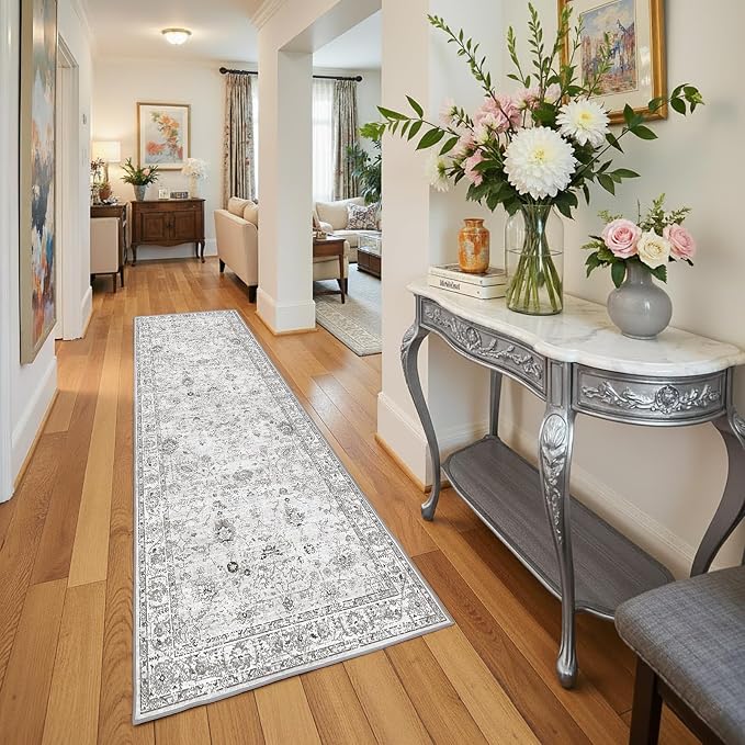 Floral Hallway Runner Grey Carpet Non-Slip, 2x10 Washable Rug Ultra-Thin Soft - Image 7