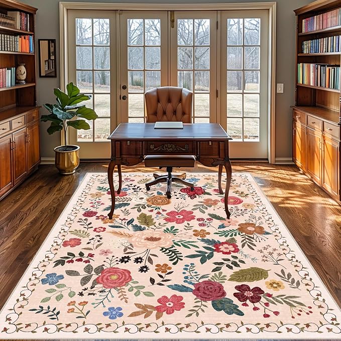 6x9 Area Rugs for Living Room Clearance Washable Boho Area Rug, Vintage Floral - Image 3