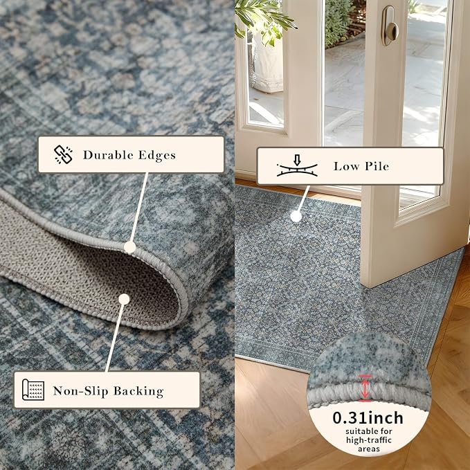 Latte&Fog 2x3 Entryway Rug, Small Vintage Blue Door Mat, Washable Kitchen Rug - Image 4