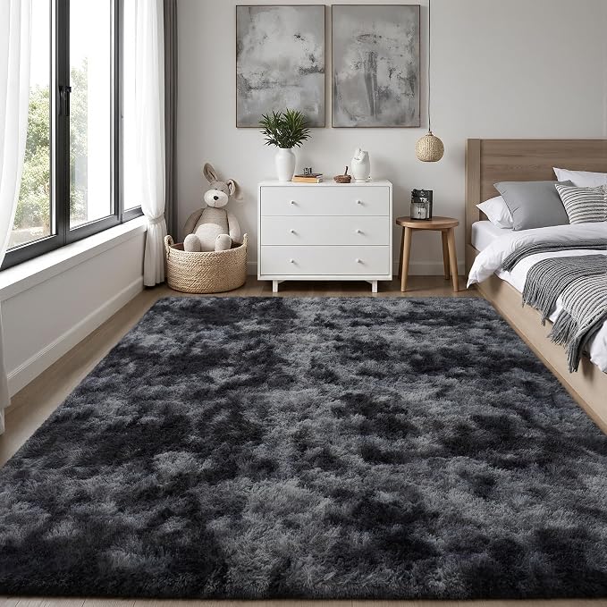Area Rug for Living Room Bedroom:6x9 Black Grey Soft Fluffy Shag Upgrade - Image 3