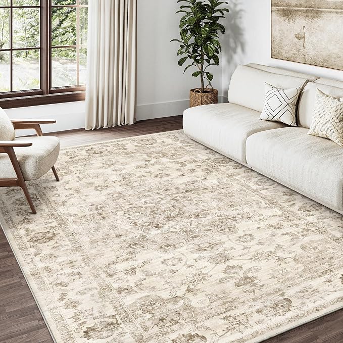 4x5 Washable Neutral Area Rug Beige Vintage Entryway Office Carpet Non-Slip - Image 2