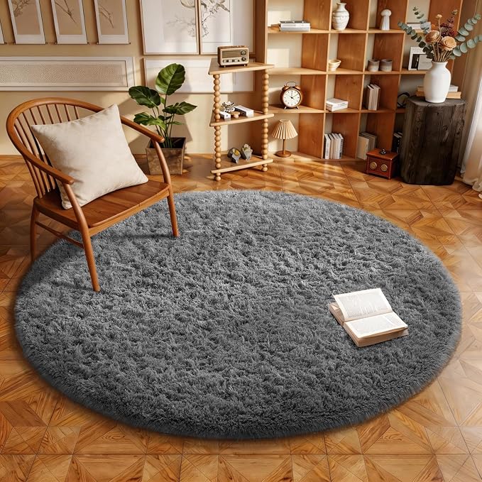 Ophanie Round Rug 5Ft Grey Circle Area Rugs, Fluffy Fuzzy Bedroom Carpet 5 Foot by Ophanie