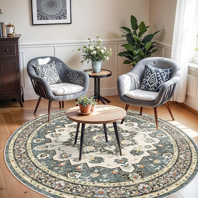 Washable Oriental Area Rug - 9ft Round Rugs - Image 2