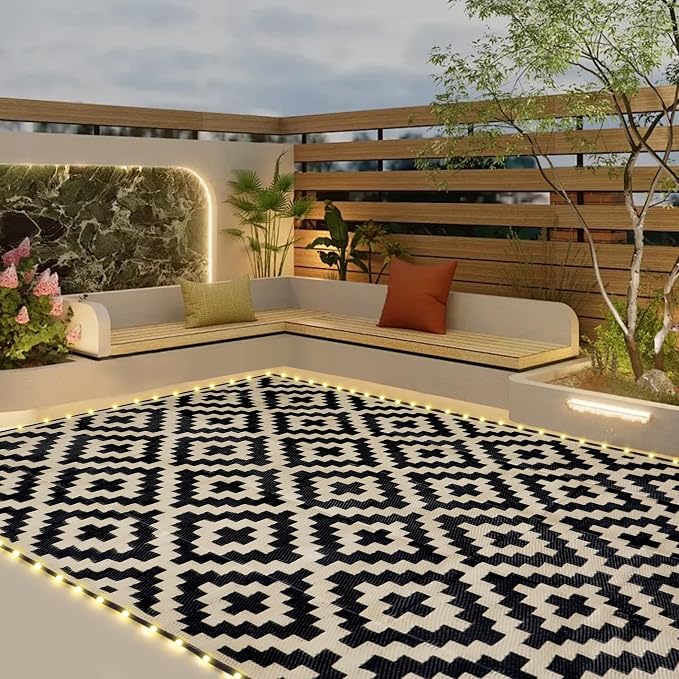 SAND MINE Reversible Mats with Led Strip Lights, Plastic Straw Rug, Modern Area by SANDMIND