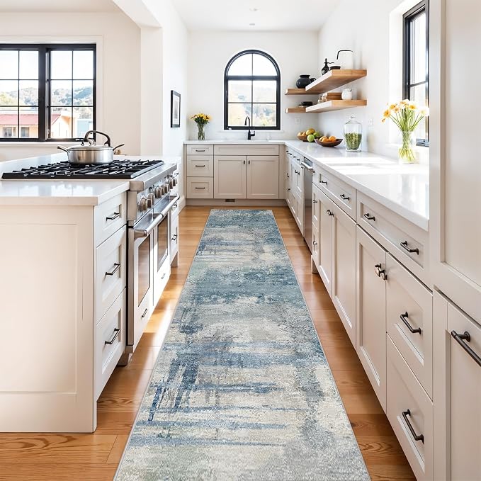2.6x14 Extra Long Runner Rug Grey Abstract: Washable Non-Slip Carpet - Image 3