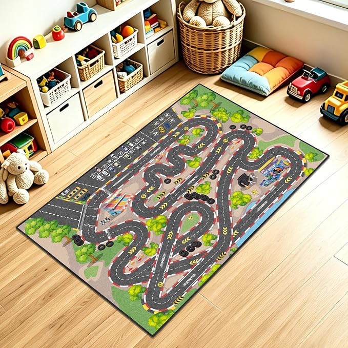Kids Car Rug Play Mat, 3x5 ft Race Track Road Rug by GRAMBET