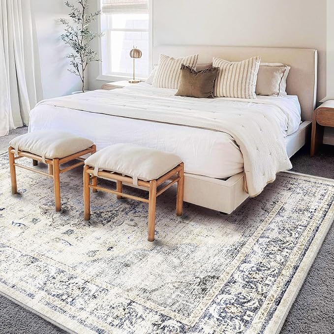 CHAMPLANT Washable Area Rug 8'x10' Floral Blue Boho Design Non-Shedding - Image 2