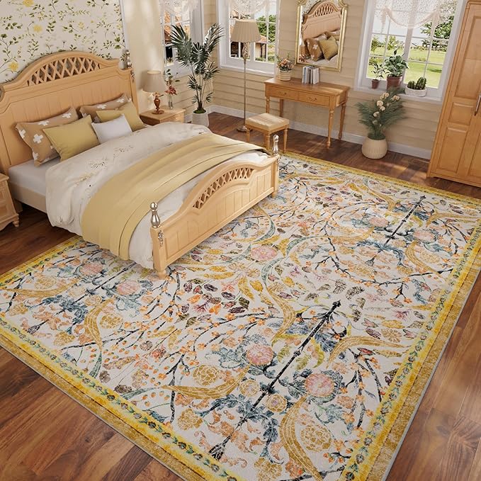 AMTOVO 5x7 Washable Area Rugs for Bedroom, Vintage Boho Floral Distressed Print by AMTOVO