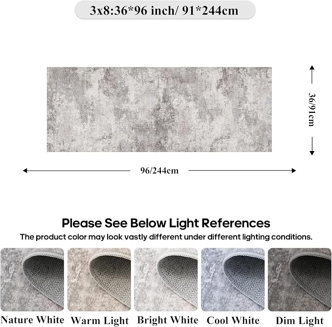 Grey Abstract 3x8 Washable Hallway Runner Rug | Non Slip Low Pile Soft Carpet - Image 2