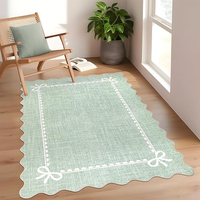 GarveeHome Scalloped Bow Rug for Living Room, Sage Green Rug for Dorm, Washable - Image 3