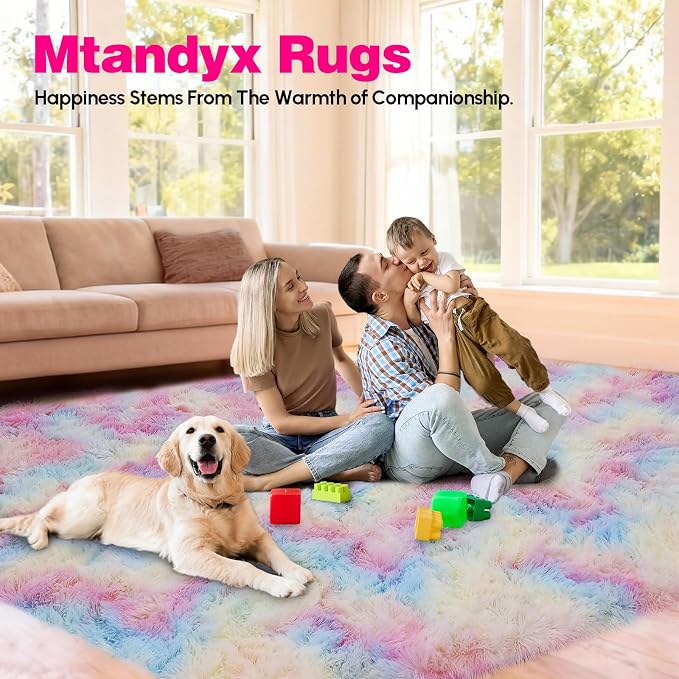 8x10 Area Rugs Living Room, Rainbow Large Plush Fluffy Bedroom Carpet, Non-Slip - Image 4