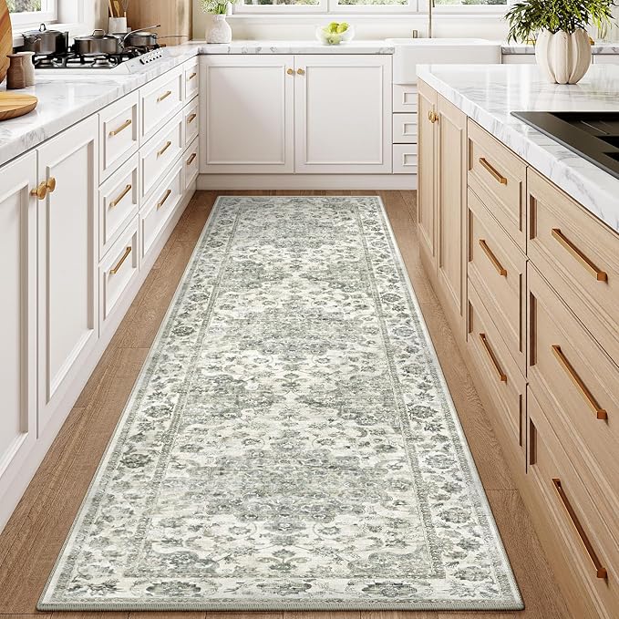 2x8 Washable Neutral Runner Rug Green Vintage Hallway Kitchen Carpet Non-Slip - Image 2