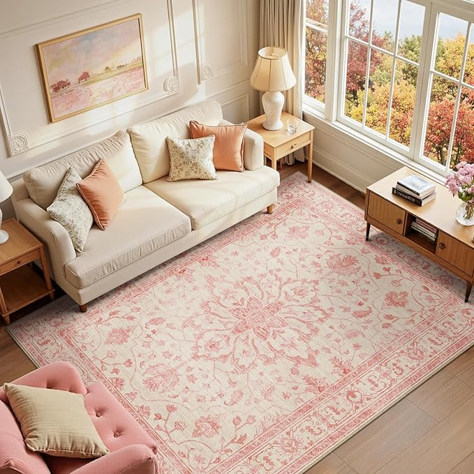 RELEANY Area Rugs 6'x9' Washable Non-Slip, Floral Vintage Distress Medallion by RELEANY