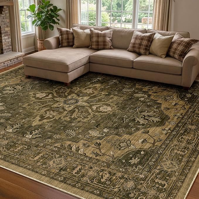 RELEANY Area Rugs 8'x10' Washable Non-Slip, Floral Vintage Distress Medallion by RELEANY
