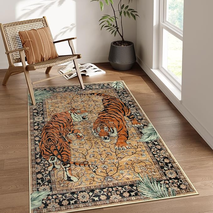 Moynesa Tiger Washable Rugs, 3x5 Entry Area Rugs, Non Slip Vintage Soft Living - Image 2