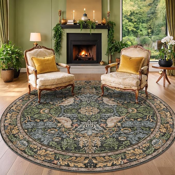 Washable Boho Round Rugs 8ft for Living Room, Ultra Soft Forest Large Circular by HazoHaus
