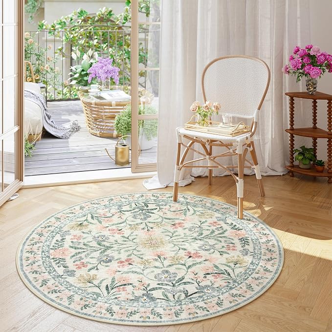 Wonnitar Floral Round Rugs 6ft, Boho Large Machine Washable Circle Rug by Wonnitar