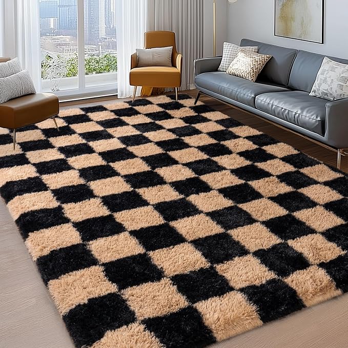 Shag Rugs for Bedroom, 4x6 Checkered Black Beige Soft Fuzzy Rugs for Living Room - Image 4