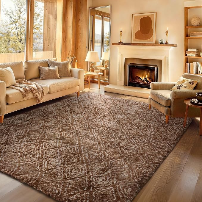 Ophanie 8x10 Brown and White Diamond Striped Rugs by Ophanie