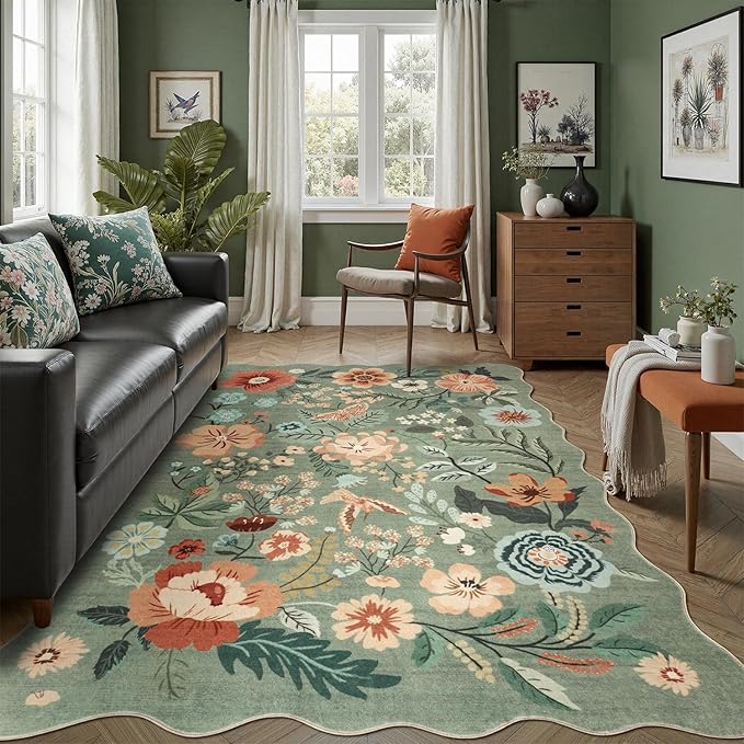 DCX Vintage Floral Rug 8x10, Washable Sage Green Rug - Image 5