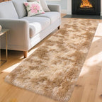 2x8 ft Plush High Pile Khaki Tie Dyed Rug Fluffy Soft Runner Bedside Rug by TENNOLA