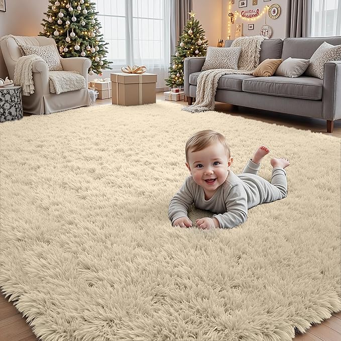 5x8 Area Rugs for Living Room: Soft Fluffy Shag Beige Rugs for Bedroom - Image 9