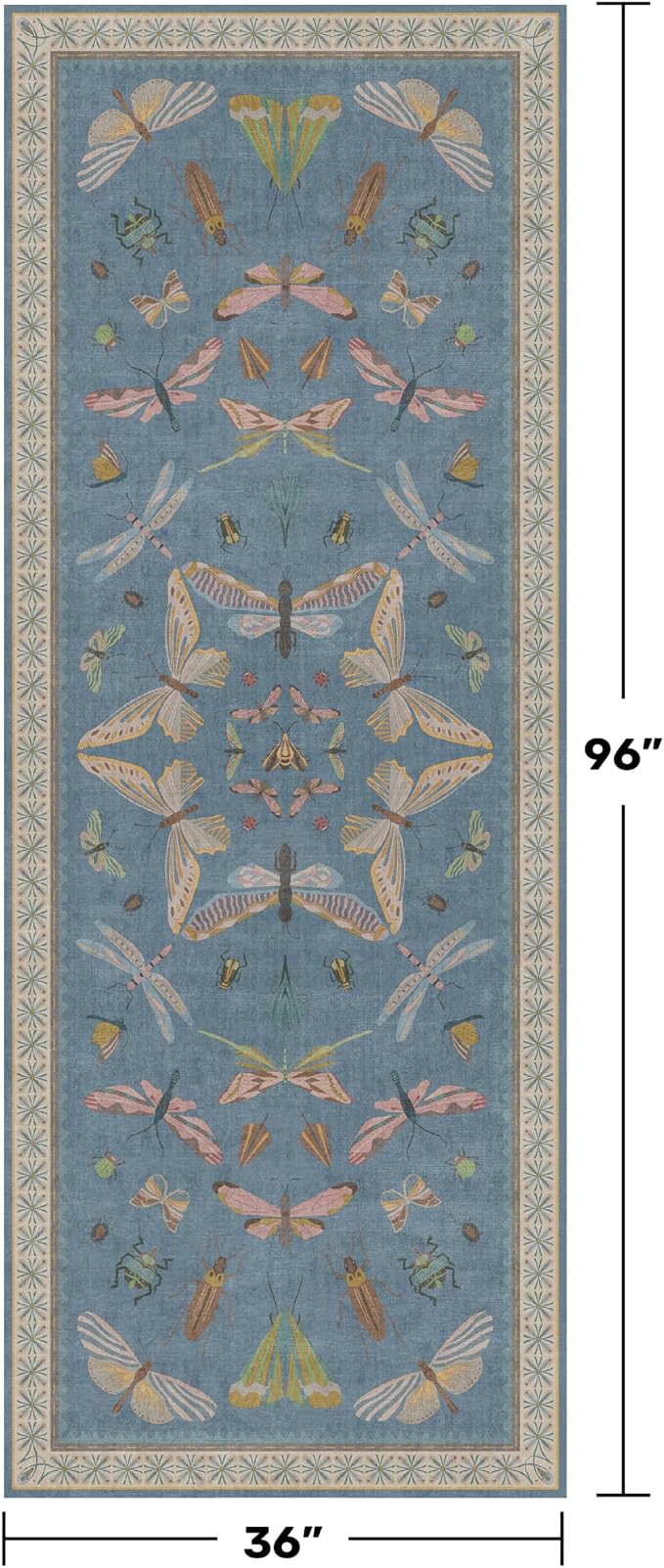 Vintage Blue Insect Hallway Runner Rug 3x8 Long, Non Slip Washable Carpet - Image 2