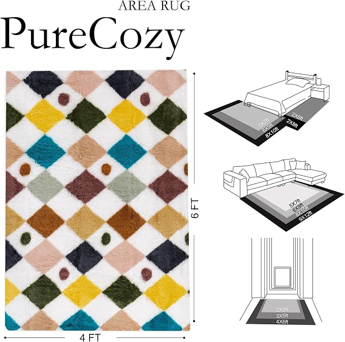 PureCozy Checkered Rug 4x6 Fluffy Shag Living Room Rainbow Area Rug Modern - Image 2