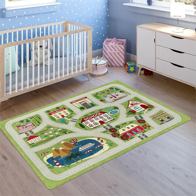 LIVEBOX Green Kids Rug for Kids Room, Non-Slip Soft Toy Car Rugs for Baby - Image 7