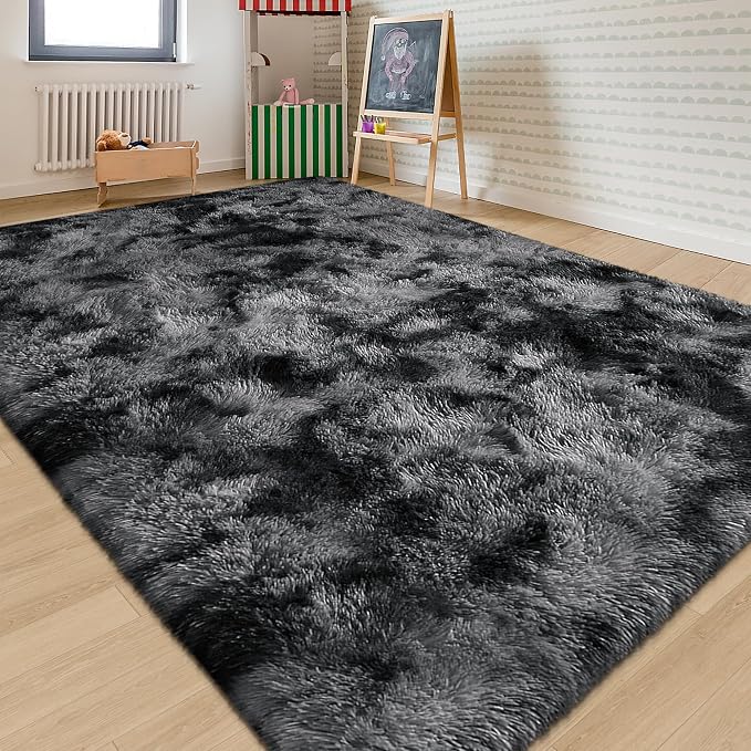 Plush 8x10 Area Rug for Living Room, Tie-Dyed Dark Grey Black 8x10 Shag Rug for - Image 7