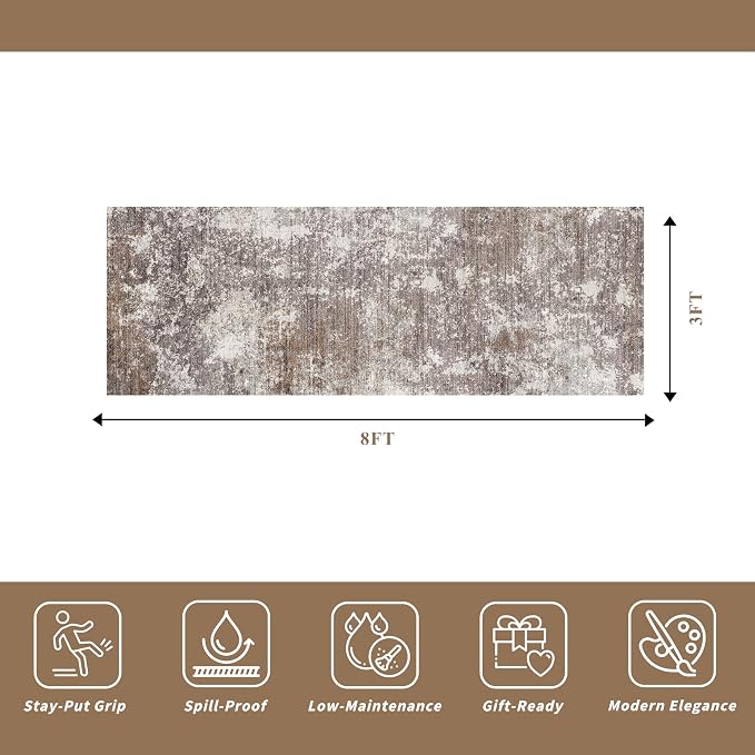 3x8 Non-Slip Washable Hallway Runner Rug – Abstract Modern Neutral Wide Carpet - Image 2