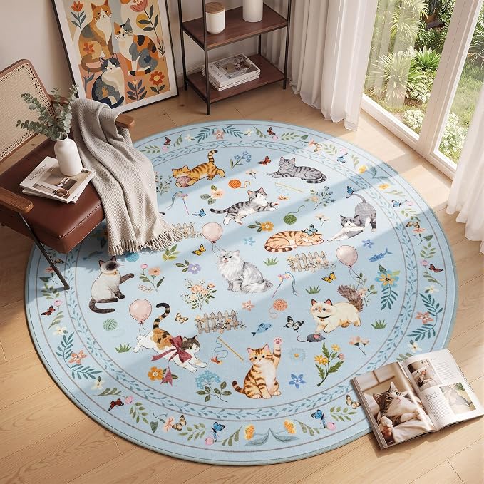 Unirea 4x4 Light Blue Grey Cat Round Area Rugs, Washable Soft Non Slip Circle by UNIREA