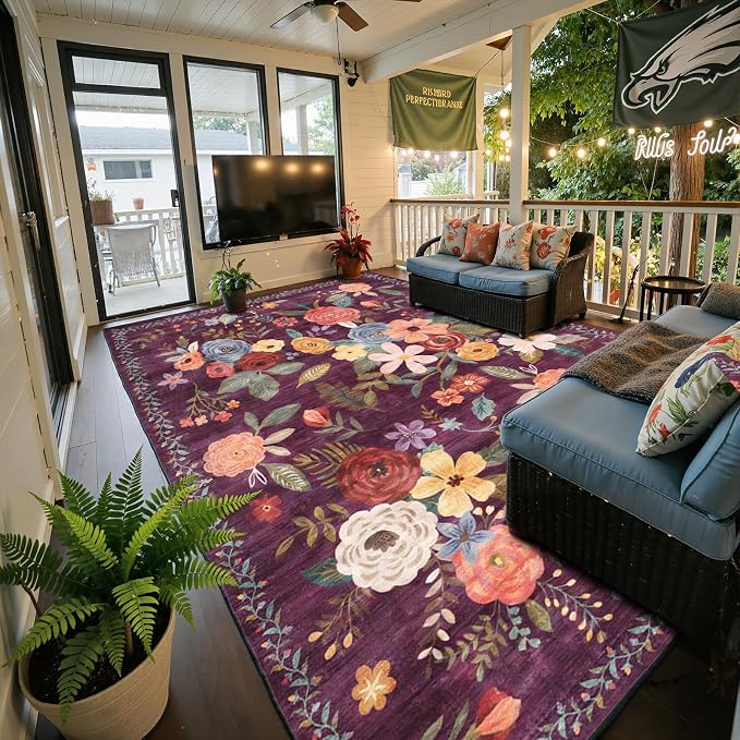 Area Rug 10x14 for Living Room, Non Slip Machine Washable Floral Rug, Low Pile - Image 7