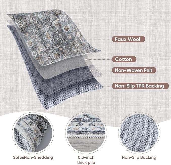 Rugcomf 9x12 Rug Washable Boho Soft Large Area Rug Non-Slip Faux Wool Vintage - Image 5