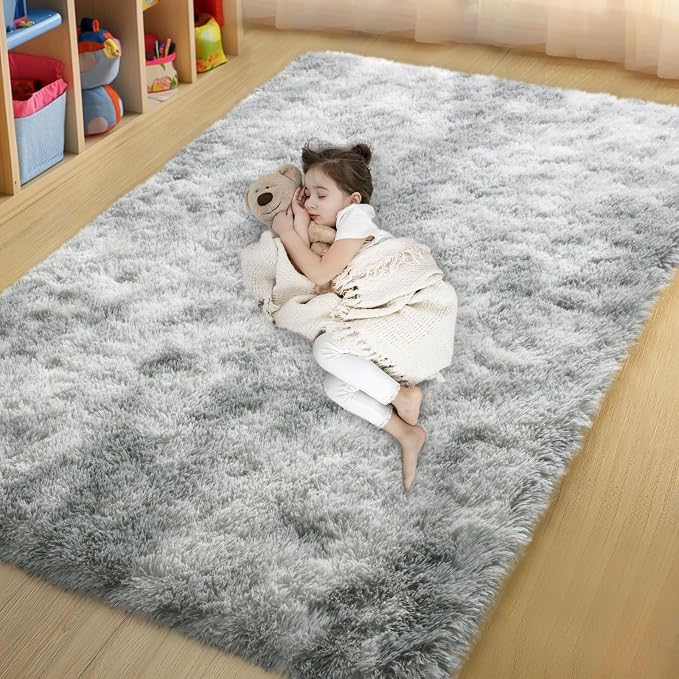 qulint Grey Rug for Bedroom 4x6, Fluffy Soft Shag Living Room Rug Fuzzy Plush by QULINT