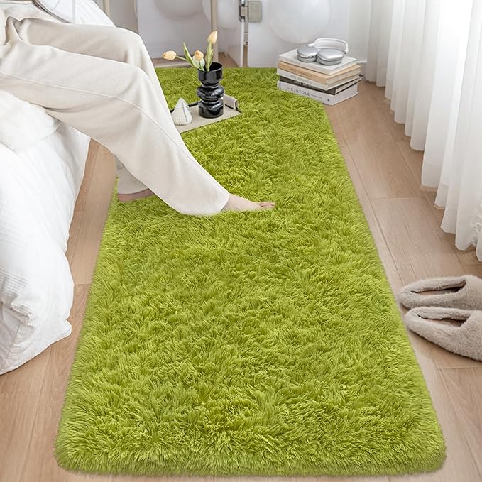 Soft Grass Green Fluffy Rug for Bedroom Living Room, 2x6 ft Fuzzy Green Shag by TENNOLA