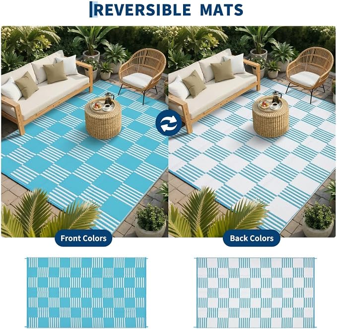 Garvee Waterproof Outdoor Rug 9x12, Checkered Foldable Plastic Straw Patio - Image 3