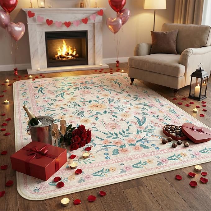 Pink Floral Rug 6x9 for Living Room, Washable Non-Slip Area Rug for Girls - Image 2