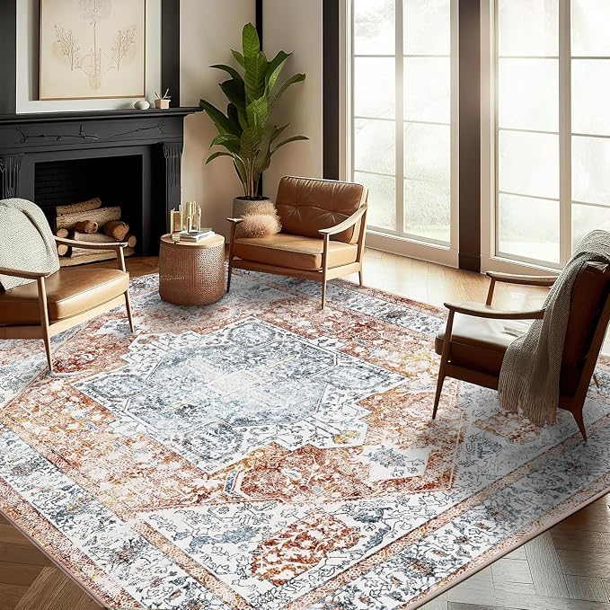 CHAMPLANT Area Rug 10x14 Washable Tangerine Vintage Traditional Mat Distressed by CHAMPLANT