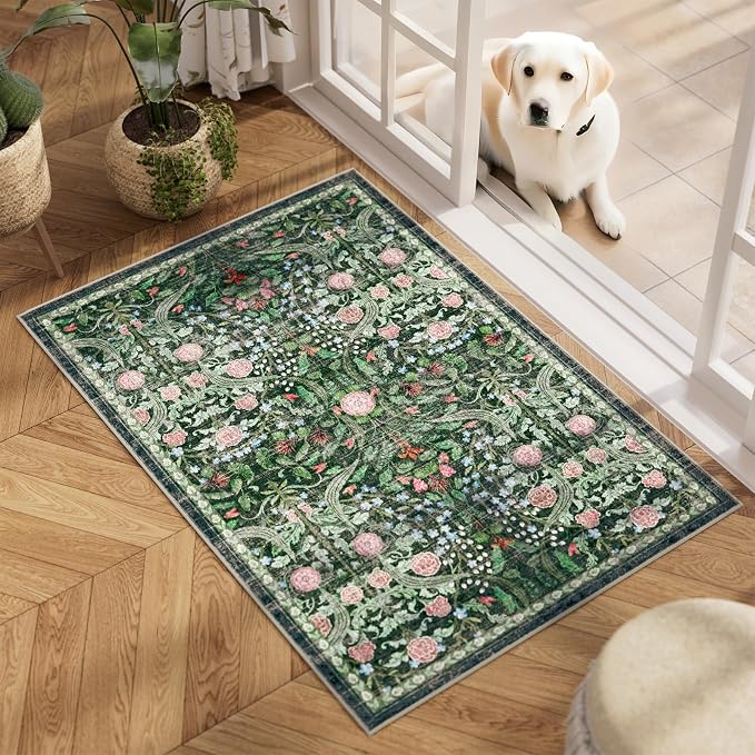 AMTOVO 2x3 Washable Entryway Area Rug Door Mat, Vintage Boho Floral Distressed - Image 2