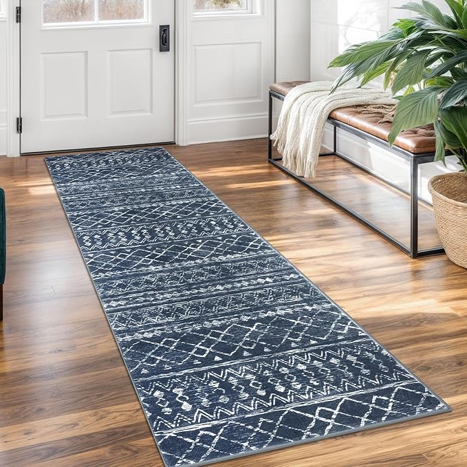 KUTA Moroccan Washable Runner Rug, 2x7 Non-Slip Vintage Navy Blue Boho Hallway by KUTA