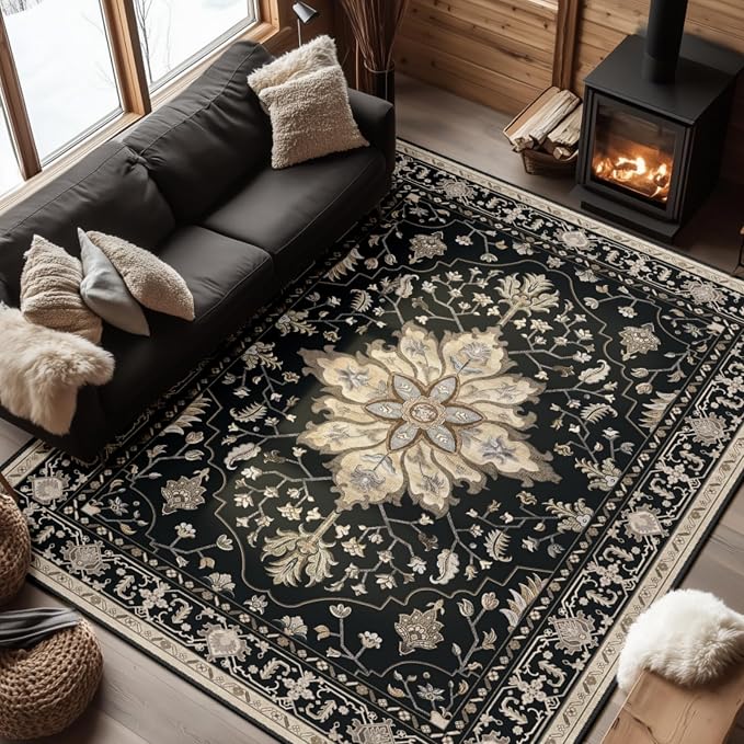 RELEANY Area Rugs 7'x9' Washable Non-Slip, Floral Vintage Distress Medallion by RELEANY