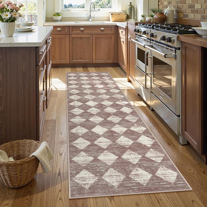 Checkered Runner Rug 2x8 Beige, Hallway Kitchen Bathroom Non Slip Washable - Image 2