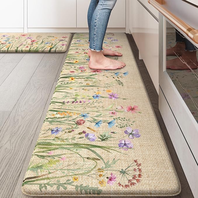 KIMODE Anti Fatigue Mats for Kitchen Floor 17"x59"+17"x29", Farmhouse Floral by StayinComfortCookwithJoy