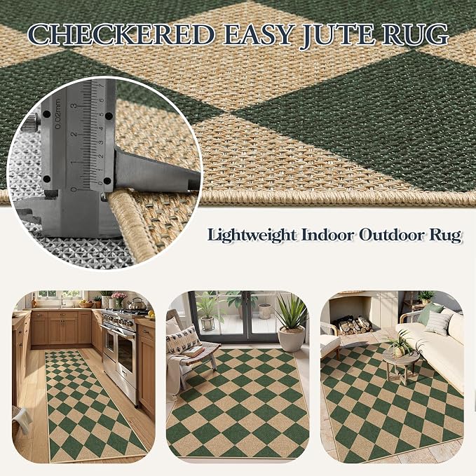 Lahome Colette Checkered Kitchen Runner, 2x8 Easy Jute Runner Rug - Image 5