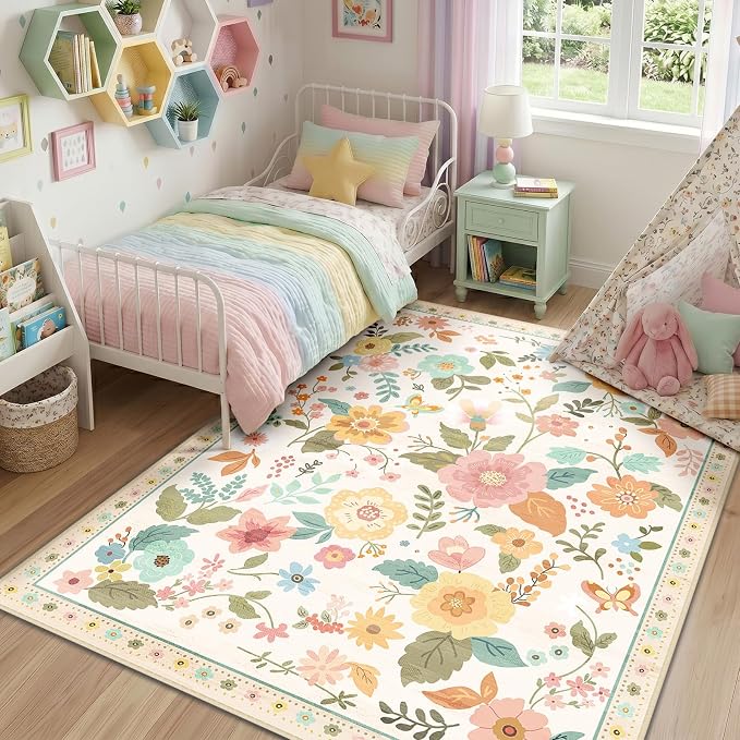 RELEANY Floral 3x5 Area Rugs Washable Print Boho Cute Carpet Non Slip Flower by RELEANY