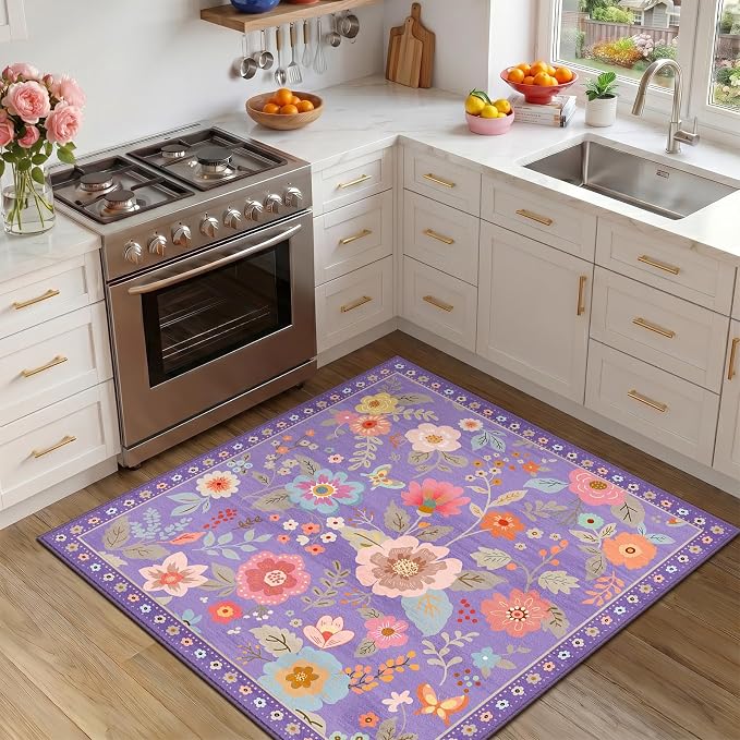 RELEANY Floral Square 4ft Area Rugs Washable Print Boho Cute Carpet Non Slip by RELEANY
