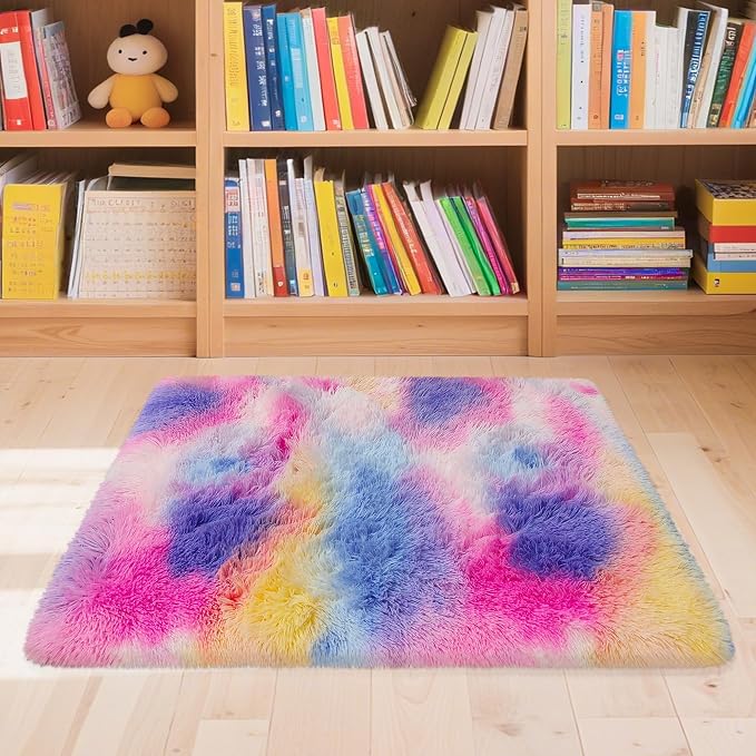 2x3 ft Small Throw Rugs Furry, Non Slip Mini Area Rug, Fluffy Tie-Dyed Rainbow - Image 2