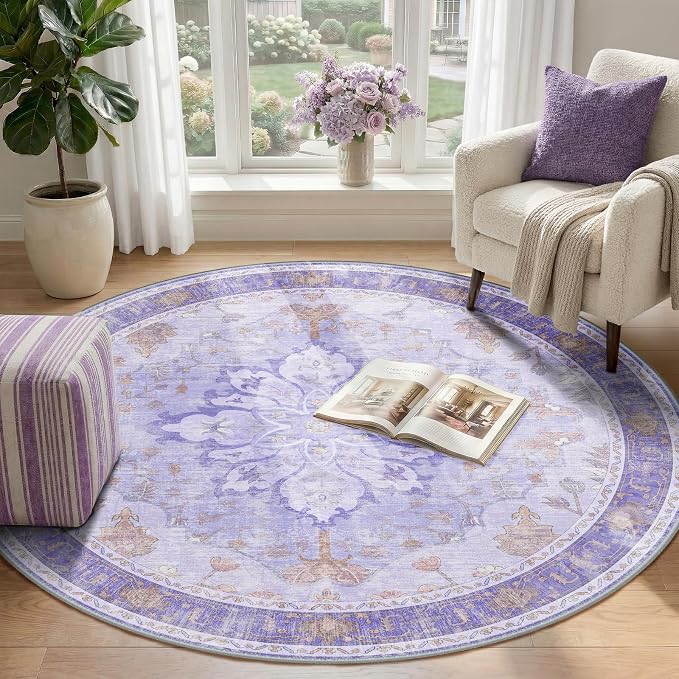 RELEANY Area Rugs Round 4ft Washable Non-Slip, Floral Vintage Distress - Image 2